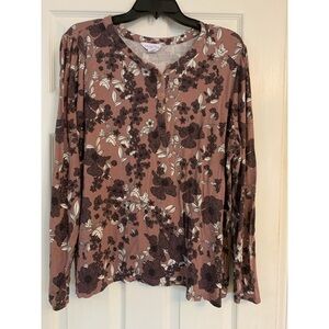 Floral Long Sleeve Top - Brown Henley Liz Claiborne